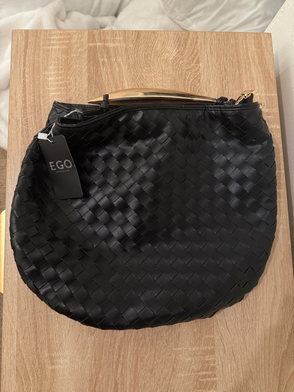 NWT EGO Black Woven Faux Leather Hobo Handbag with Gold Handle Accent